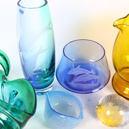 491 - A Caithness Dolphins vase, 21cm, a paperweight, free-form Art glass dish etc