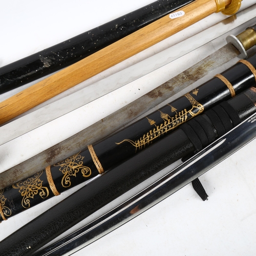 497 - An Oriental reproduction sword in gilded wooden scabbard, 95cm, and 3 other Eastern reproduction swo... 