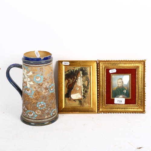 739 - Miniature hand painted watercolour portrait of Napoleon, fragment from HMS Victory, and a Doulton La... 
