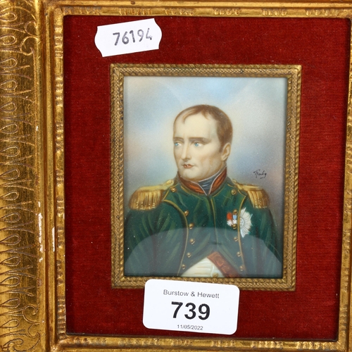 739 - Miniature hand painted watercolour portrait of Napoleon, fragment from HMS Victory, and a Doulton La... 