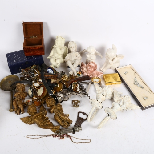 752 - Various collectables, including shell cameo brooch, Mappin & Webb clock, cherub ornaments etc