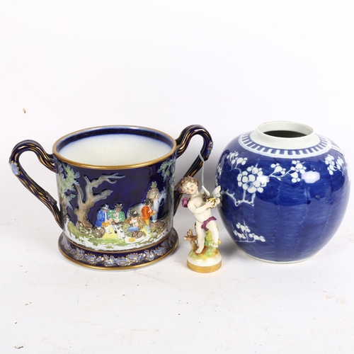 768 - A Chinese blue and white Prunus pattern ginger jar, German Volkstedt putti and wasp figure (A/F), an... 