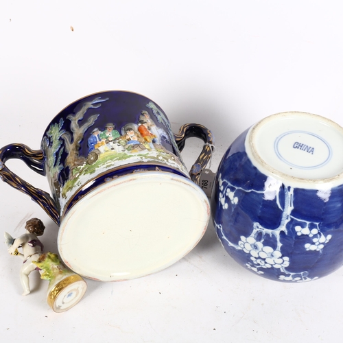 768 - A Chinese blue and white Prunus pattern ginger jar, German Volkstedt putti and wasp figure (A/F), an... 