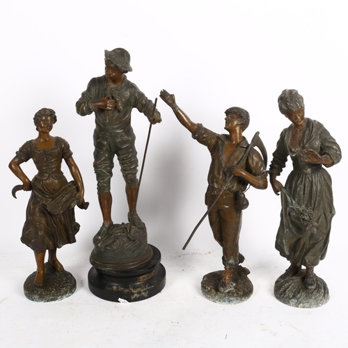 794 - A pair of patinated spelter figures, countryfolk, and 2 others, tallest 39cm