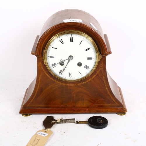 796 - Edwardian inlaid 2-train mantel clock, with pendulum and key, height 22cm