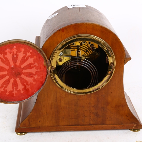 796 - Edwardian inlaid 2-train mantel clock, with pendulum and key, height 22cm