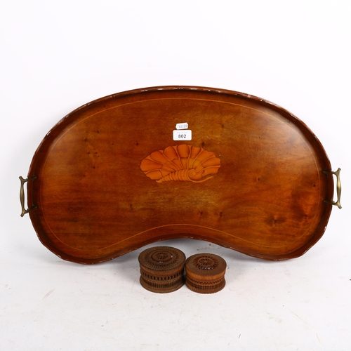 802 - An Edwardian galleried tea tray, with shell motif, 65cm, and 2 Eastern pierced boxes