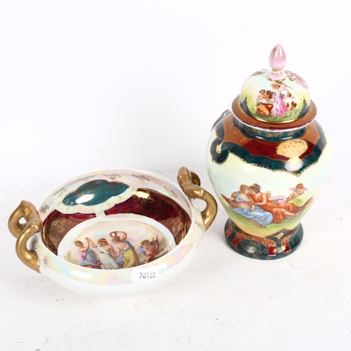 806 - Austrian porcelain jar and cover, decorated with figures, 22cm, and matching dish