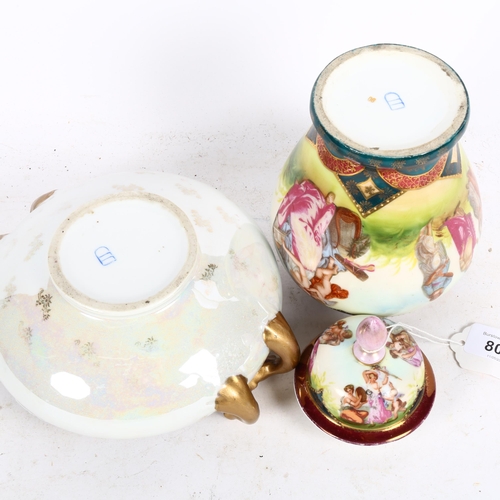 806 - Austrian porcelain jar and cover, decorated with figures, 22cm, and matching dish