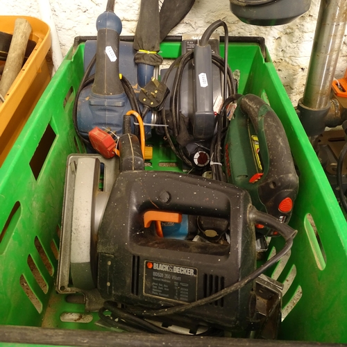 2781 - A box containing various electric hand tools, including a circular saw, a belt sander etc