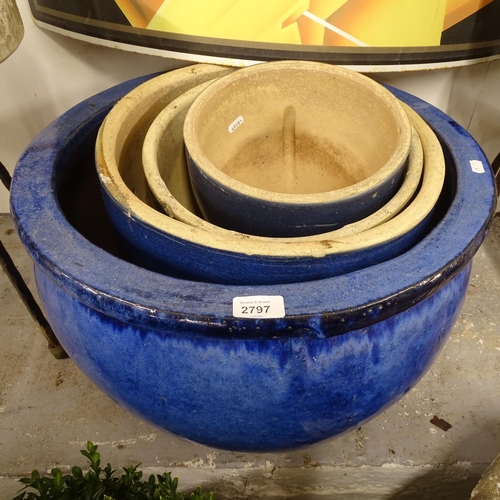 2797 - 4 various blue glazed garden planters and pots, largest D50cm, H34cm