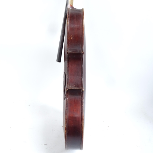 340 - A Vintage violin, with label for Lorenzo Arcangioli Genoa 1719, body length 36cm, with bow in board ... 