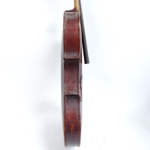 340 - A Vintage violin, with label for Lorenzo Arcangioli Genoa 1719, body length 36cm, with bow in board ... 