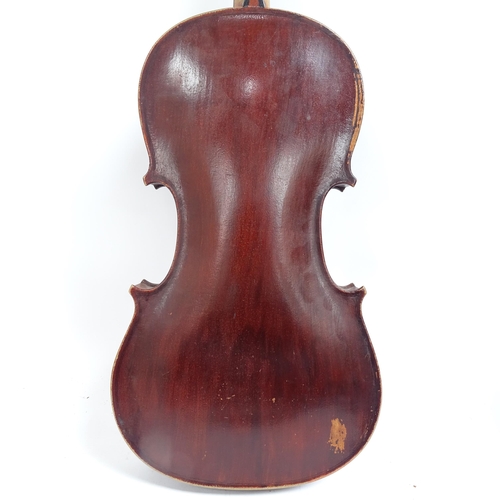 340 - A Vintage violin, with label for Lorenzo Arcangioli Genoa 1719, body length 36cm, with bow in board ... 