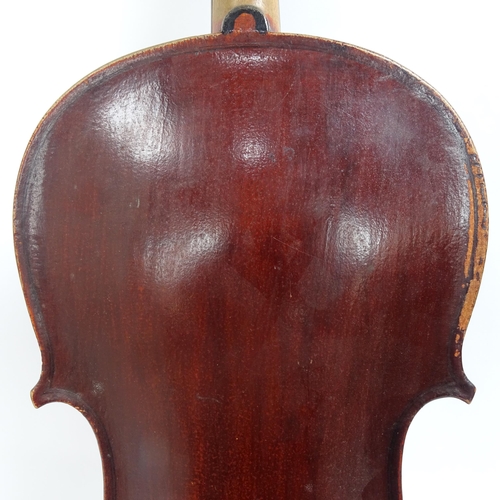 340 - A Vintage violin, with label for Lorenzo Arcangioli Genoa 1719, body length 36cm, with bow in board ... 