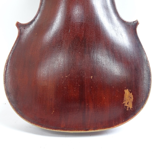 340 - A Vintage violin, with label for Lorenzo Arcangioli Genoa 1719, body length 36cm, with bow in board ... 