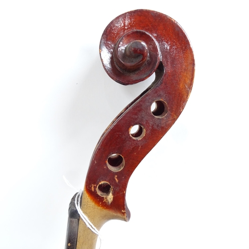 340 - A Vintage violin, with label for Lorenzo Arcangioli Genoa 1719, body length 36cm, with bow in board ... 