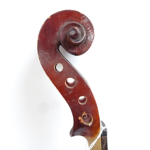 340 - A Vintage violin, with label for Lorenzo Arcangioli Genoa 1719, body length 36cm, with bow in board ... 