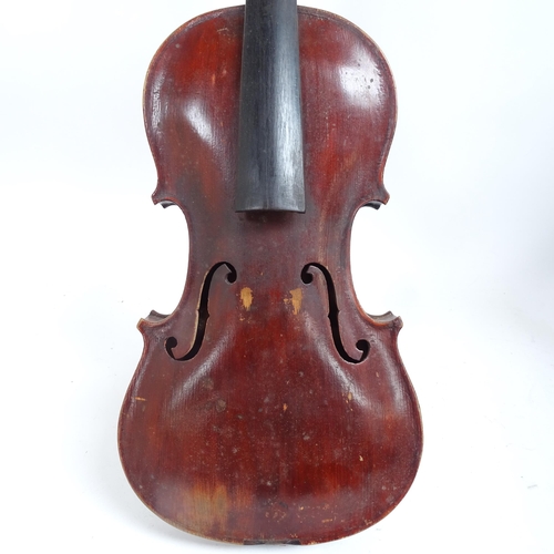 340 - A Vintage violin, with label for Lorenzo Arcangioli Genoa 1719, body length 36cm, with bow in board ... 