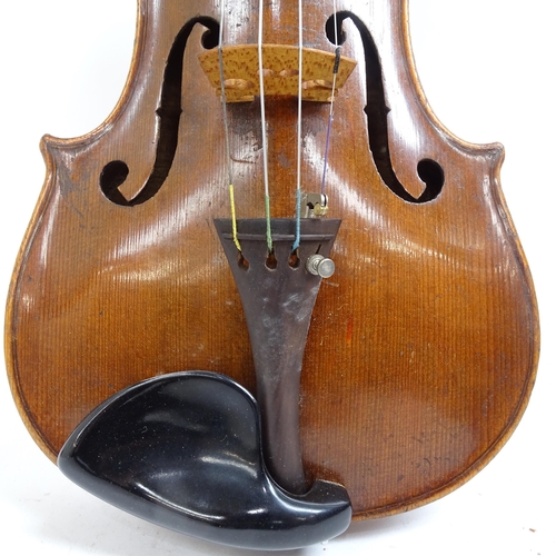 347 - A Vintage violin, globe sticker inside, body length 36cm, with bow, in hardshell case