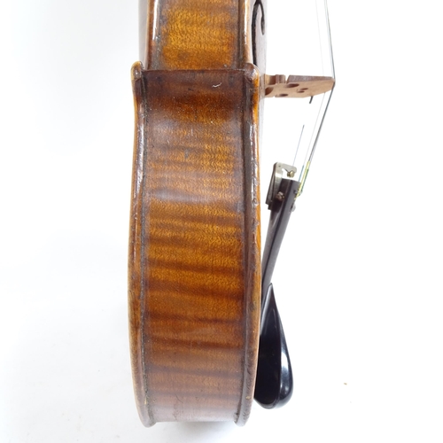 347 - A Vintage violin, globe sticker inside, body length 36cm, with bow, in hardshell case