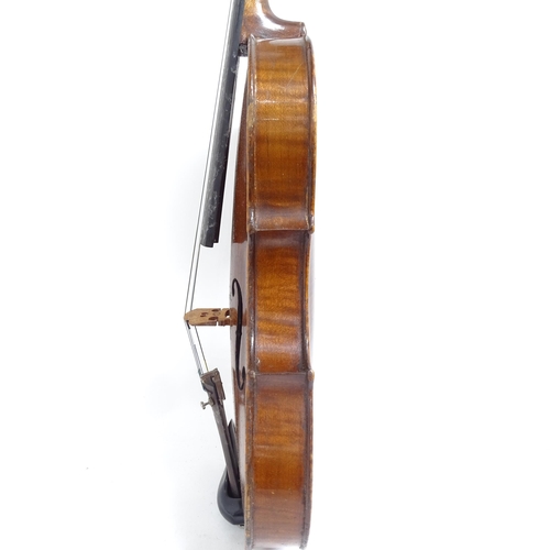 347 - A Vintage violin, globe sticker inside, body length 36cm, with bow, in hardshell case