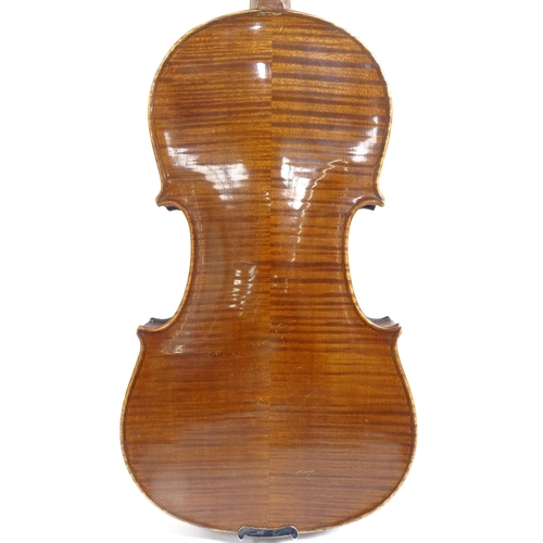 347 - A Vintage violin, globe sticker inside, body length 36cm, with bow, in hardshell case