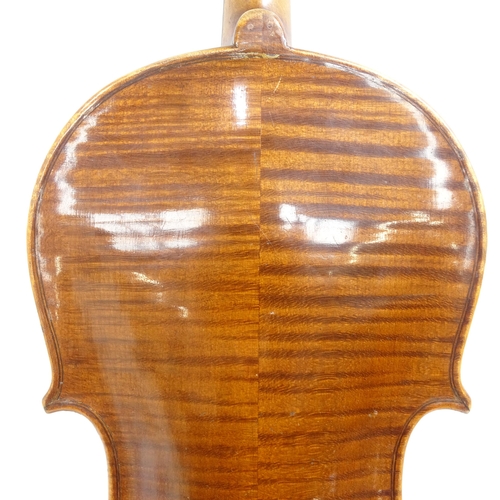 347 - A Vintage violin, globe sticker inside, body length 36cm, with bow, in hardshell case