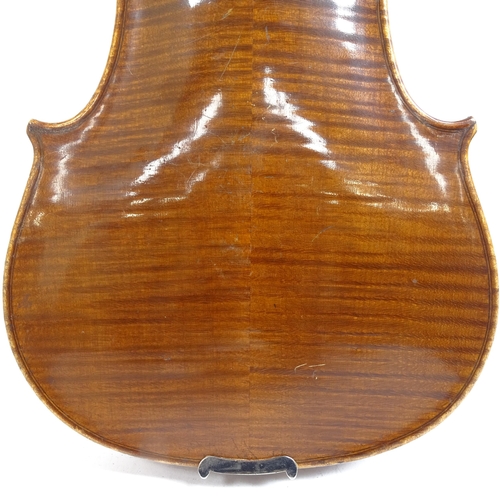 347 - A Vintage violin, globe sticker inside, body length 36cm, with bow, in hardshell case