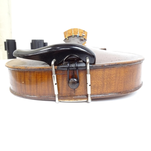 347 - A Vintage violin, globe sticker inside, body length 36cm, with bow, in hardshell case