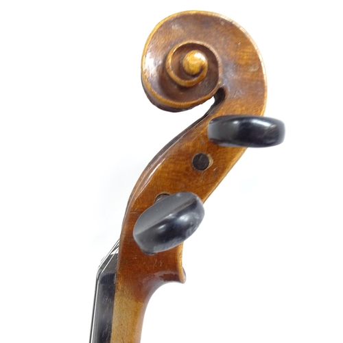 347 - A Vintage violin, globe sticker inside, body length 36cm, with bow, in hardshell case