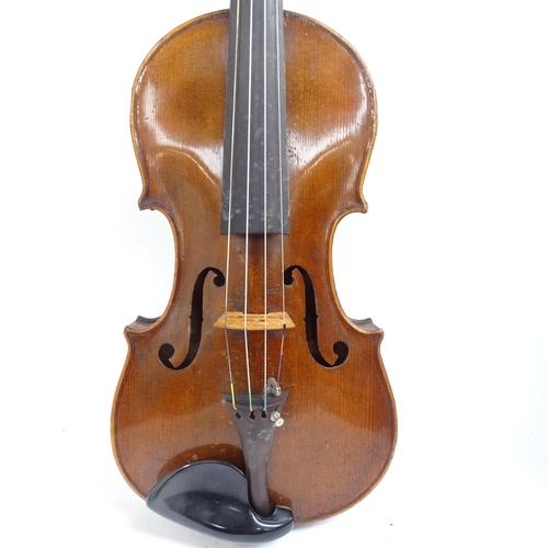 347 - A Vintage violin, globe sticker inside, body length 36cm, with bow, in hardshell case