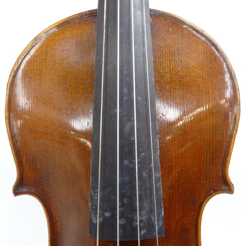 347 - A Vintage violin, globe sticker inside, body length 36cm, with bow, in hardshell case