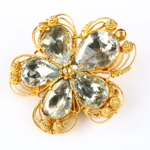 100 - A 19th century chrysoberyl flowerhead brooch, unmarked gold wirework cannetille decoration with pear... 