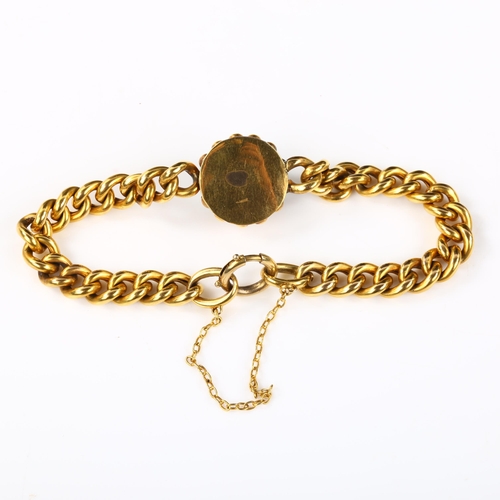 107 - A Victorian 9ct gold turquoise bombe panel bracelet, on hollow curb link chain, setting height 16.5m... 