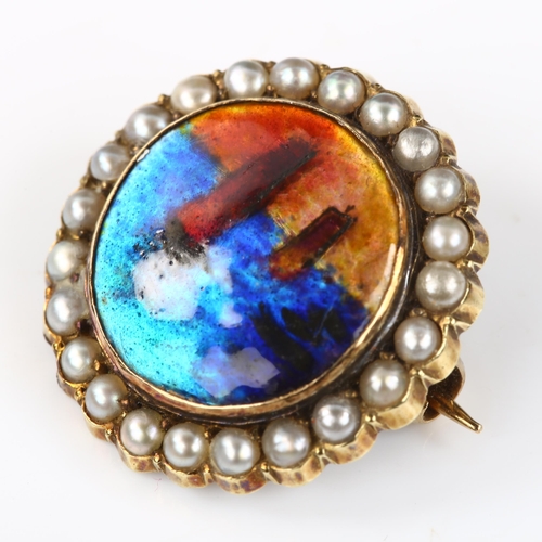 112 - MURRLE BENNETT - an Arts and Crafts 15ct gold enamel and pearl cluster sailing brooch, with central ... 