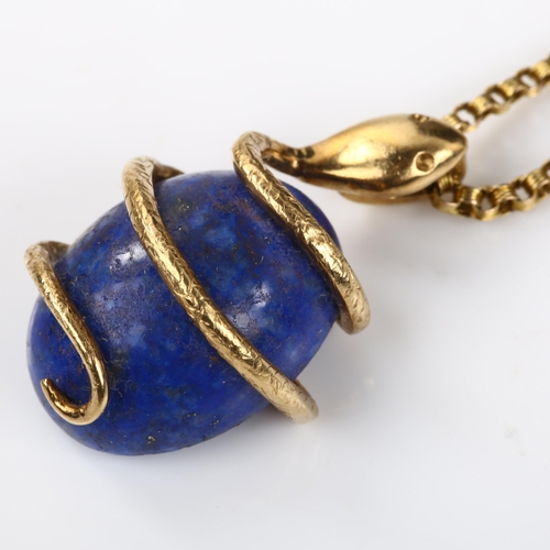 118 - An unmarked gold lapis lazuli coiled snake/serpent pendant necklace, set with oval cabochon lapis an... 