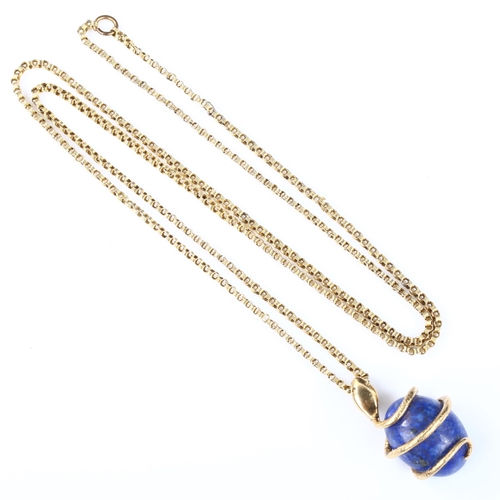 118 - An unmarked gold lapis lazuli coiled snake/serpent pendant necklace, set with oval cabochon lapis an... 