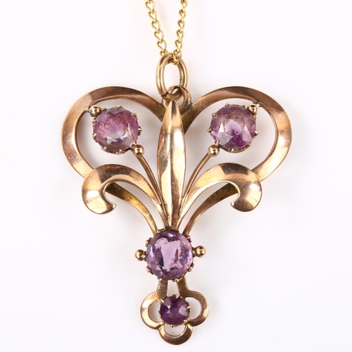 120 - An Edwardian Art Nouveau 9ct rose gold amethyst fleur de lis openwork pendant necklace, on 9ct fine ... 