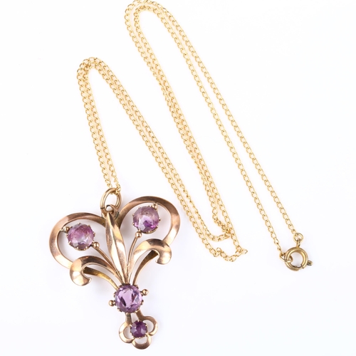 120 - An Edwardian Art Nouveau 9ct rose gold amethyst fleur de lis openwork pendant necklace, on 9ct fine ... 