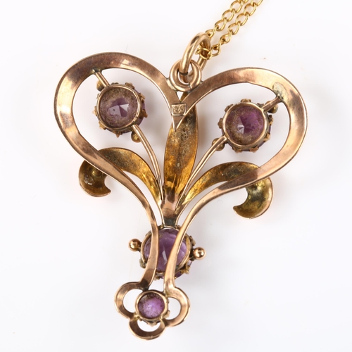 120 - An Edwardian Art Nouveau 9ct rose gold amethyst fleur de lis openwork pendant necklace, on 9ct fine ... 