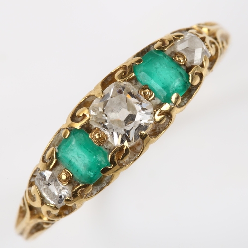 122 - A 19th century graduated five stone emerald and diamond half hoop ring, unmarked gold settings test ... 