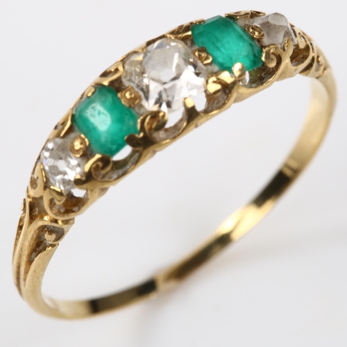 122 - A 19th century graduated five stone emerald and diamond half hoop ring, unmarked gold settings test ... 