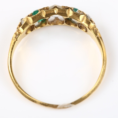 122 - A 19th century graduated five stone emerald and diamond half hoop ring, unmarked gold settings test ... 