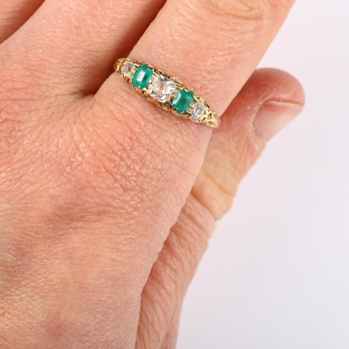 122 - A 19th century graduated five stone emerald and diamond half hoop ring, unmarked gold settings test ... 