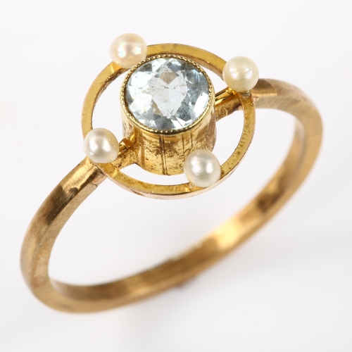 123 - An Edwardian blue topaz and pearl dress ring, unmarked gold settings, 11.1mm, size K/L, 1.9g