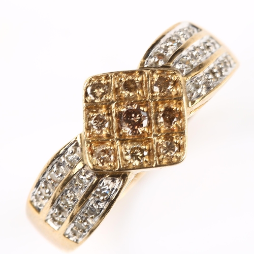 126 - A modern 9ct gold champagne diamond and diamond cluster dress ring, setting height 10mm, size O, 3.9... 