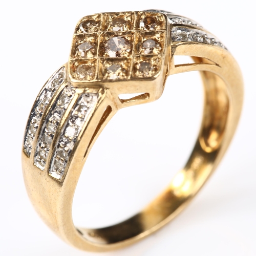 126 - A modern 9ct gold champagne diamond and diamond cluster dress ring, setting height 10mm, size O, 3.9... 