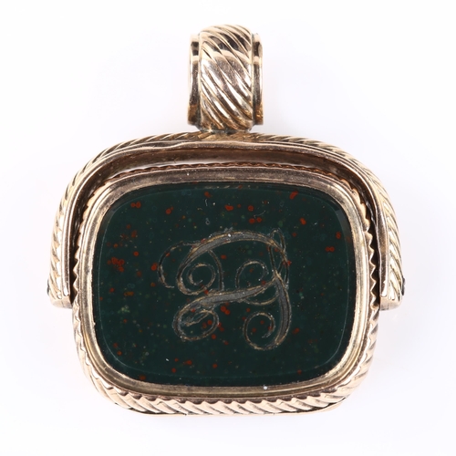 128 - An early 19th century unmarked rose gold bloodstone swivel seal memorial fob, with hinged panel open... 