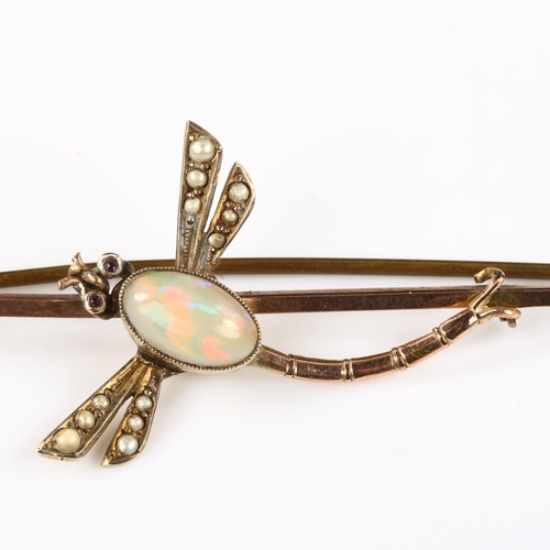 129 - An early 20th century 9ct gold opal pearl and garnet figural dragonfly bar brooch, brooch length 66.... 